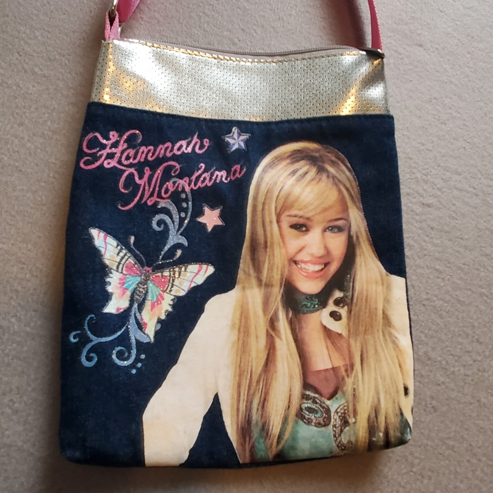 Vintage Hannah Montana Miley Cyrus Pop Star Denim Purse Cross Body Pink Strap